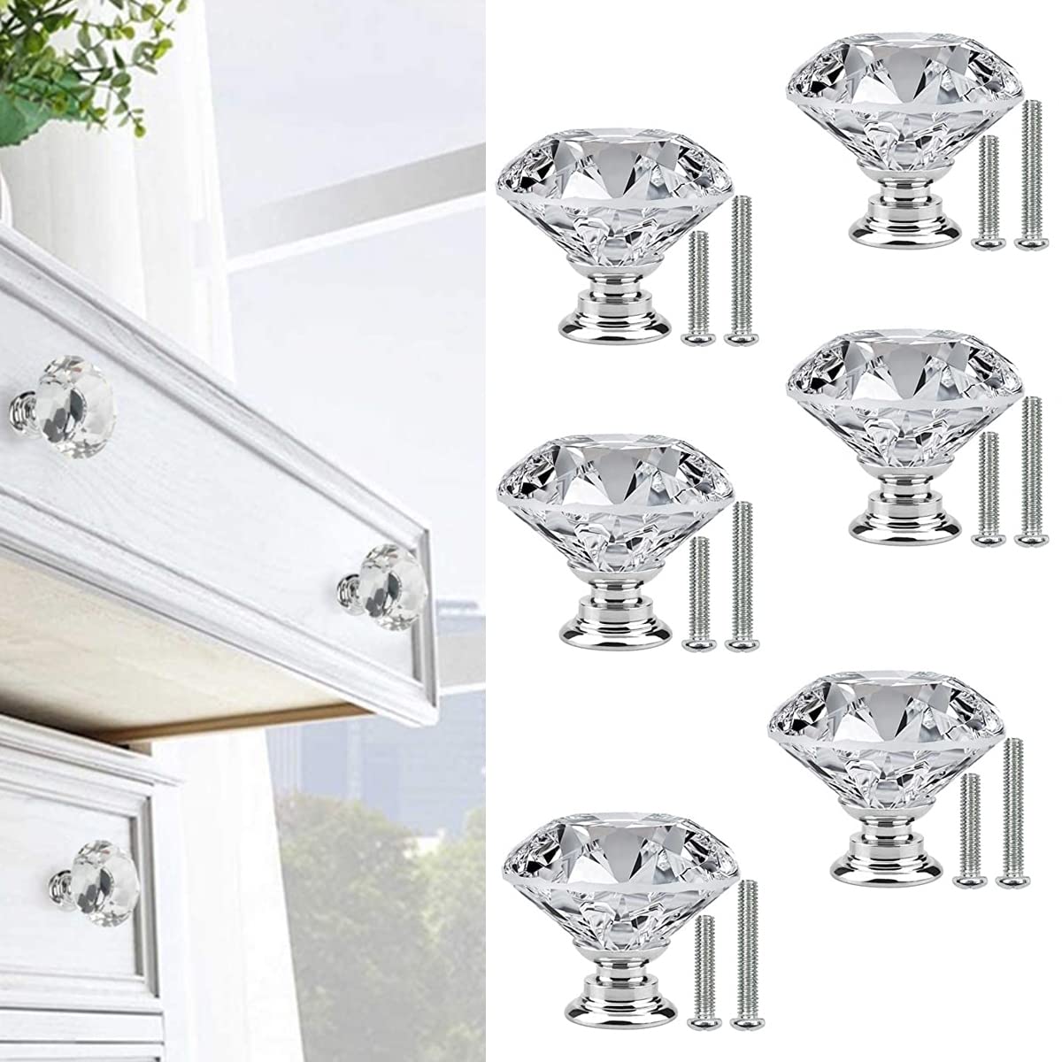 HASTHIP 6 Pack Cabinet Knobs with 2 Sizes Screws, Clear Glass Crystal Diamond Shape Cabinet Knobs, Glass Dresser Knobs for Dresser Drawers and Kitchen, Bathroom Cabinet 30mm HASTHIP 6 Pack Cabinet Knobs with 2 Sizes Screws, Clear Glass Crystal Diamond Shape Cabinet Knobs, Glass Dresser Knobs for Dresser Drawers and Kitchen, Bathroom Cabinet 30mm